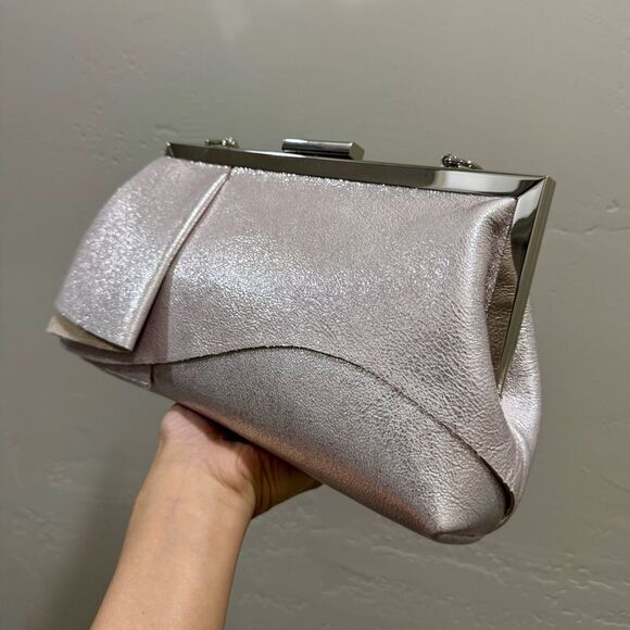 Metallic Pink Leather Handmade Asymmetrical Ruffles, Push Lock Clutch/Crossbody - Picture 4 of 14
